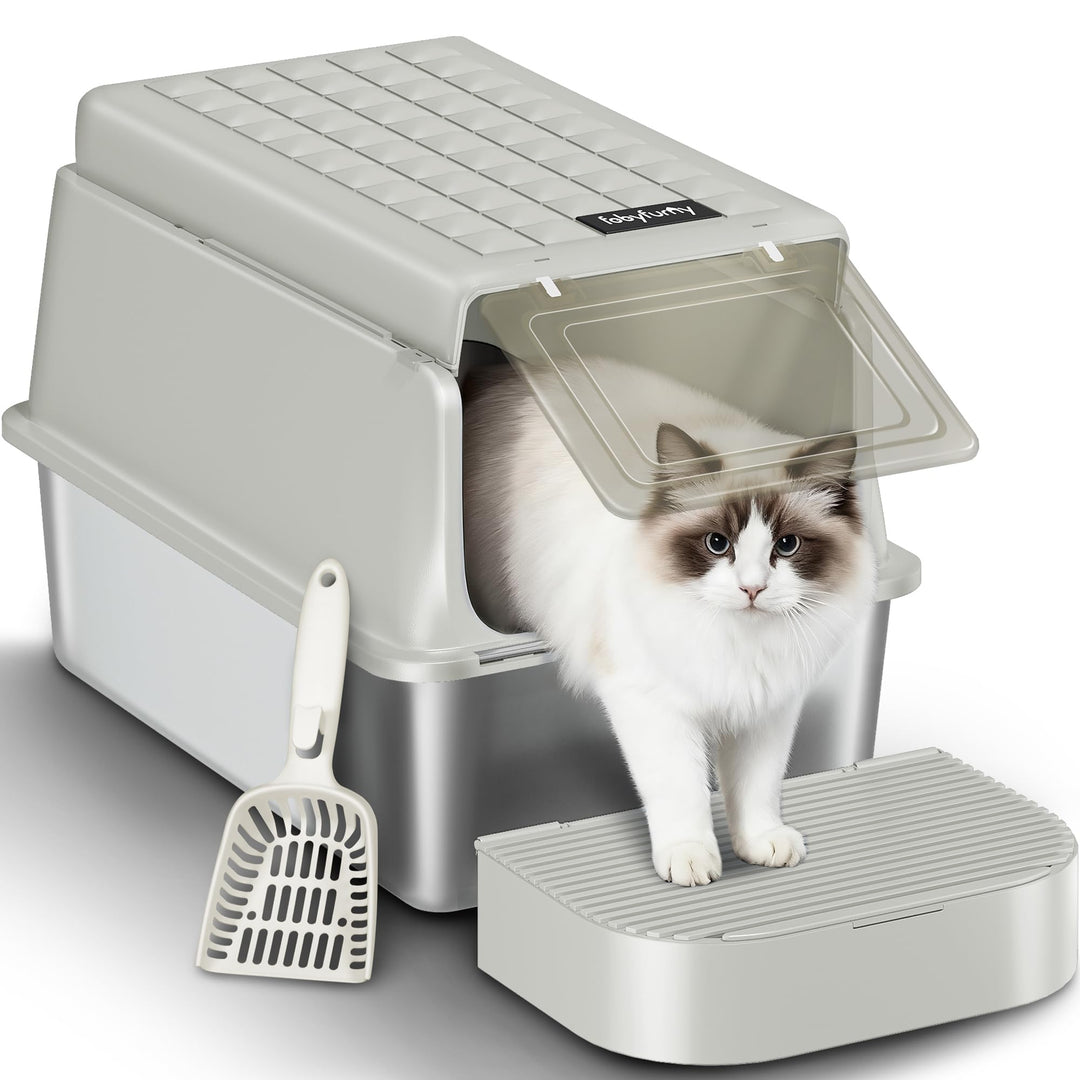 Edelstahl Katzenklo, XXL Metall Katzentoiletten, Cremegrau | Geschlossene Katzenklo, mit Schaufel un