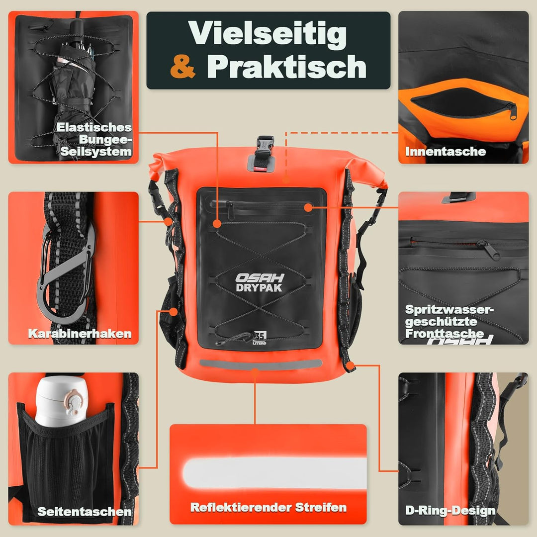 OSAH DRYPAK Wasserdichter Rucksack – 25L/35L/55L/85L Dry Bag Rolltop Outdoor Backpack mit Robustem R