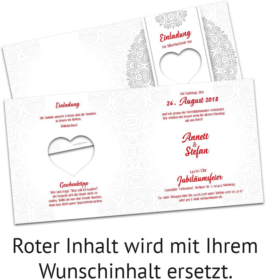 10 x Lasergeschnitten Hochzeitseinladungen Silberhochzeit silberne Hochzeit Einladung individuell -