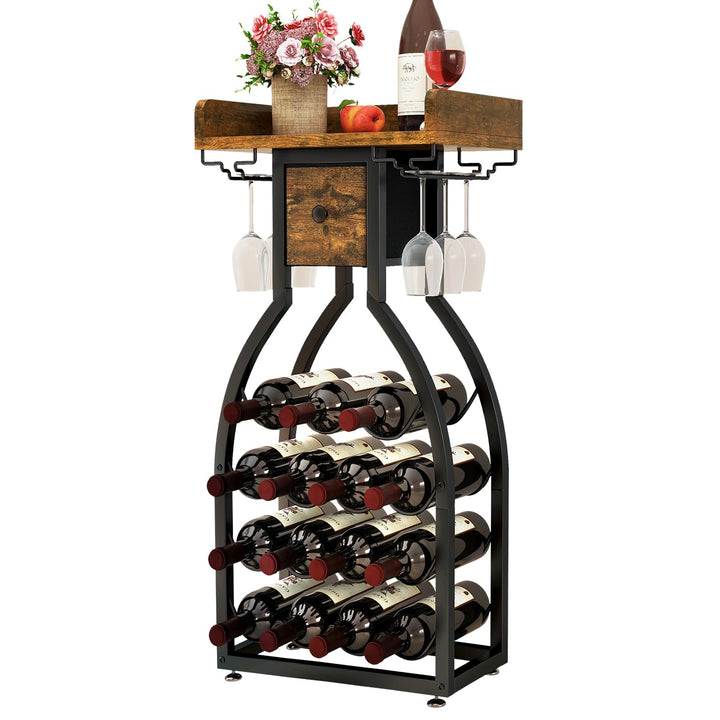 IBUYKE Weinregal Freistehend für 15 Flaschen,Flaschenregal mit Glashaltern und Speicher Schublade,Mi