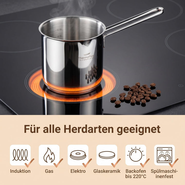 ROSMARINO Edelstahl-Induktions-Mokka-Kanne 785 ml - model 2025 - Moderne Türkische Cezve-Kaffeekanne