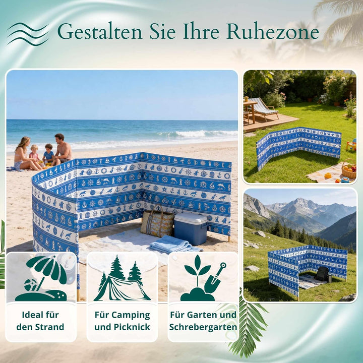 Strandparavent Mikrofaser | Windschutz 80cm | Marine Muscheln 12m | Robuste Holzstäbe | Vernäht | Ho
