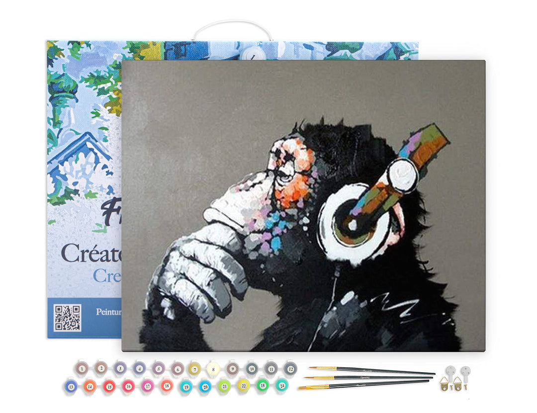 Figured'Art Malen Nach Zahlen Erwachsene Mit Rahmen Affe mit Kopfhörer - Paint by Numbers Basteln DI