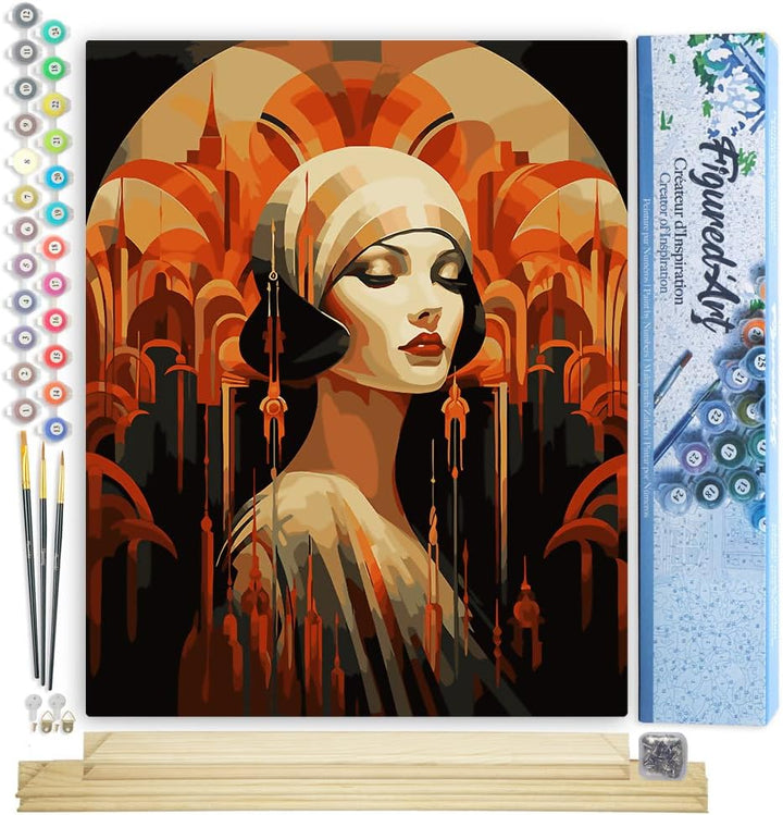 Figured'Art Malen Nach Zahlen Erwachsene Mit Rahmen Art-Deco-Frau - Paint by Numbers Basteln DIY Bas