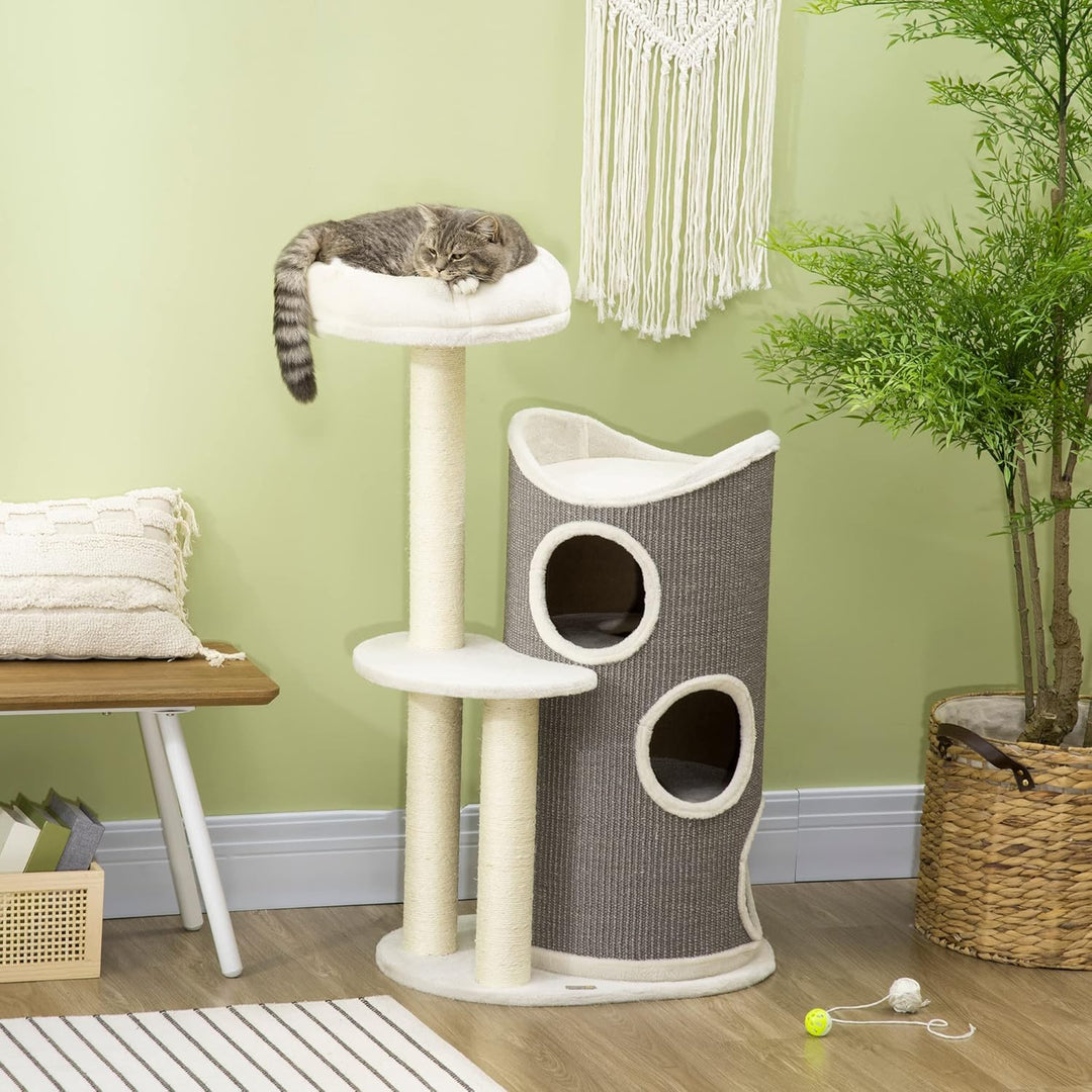 PawHut Kratzbaum 109 cm Katzenturm mit Kratztonne, Katzenbett, Sisalstämme, mehrstöckiger Katzenkrat