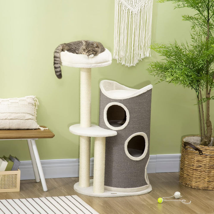 PawHut Kratzbaum 109 cm Katzenturm mit Kratztonne, Katzenbett, Sisalstämme, mehrstöckiger Katzenkrat