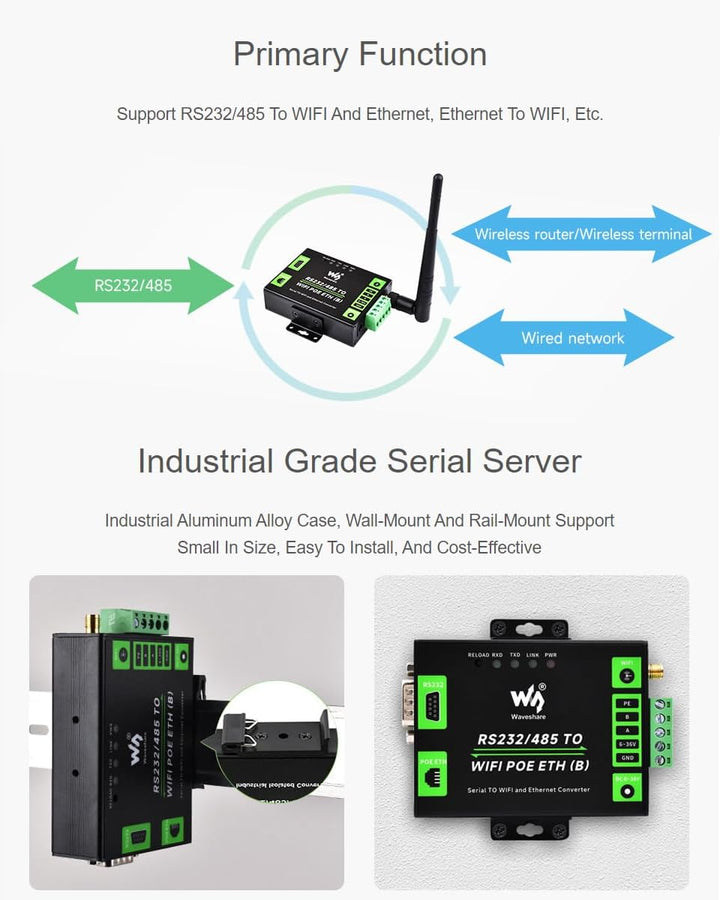 Waveshare RS232/485 to WiFi and RJ45 Ethernet Converter Module with POE Function, Industrial Grade S