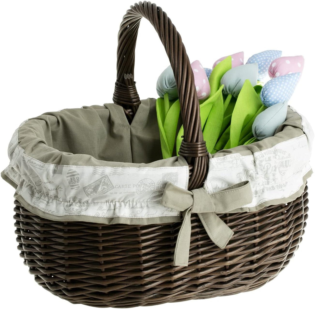 Einkaufskorb aus Weide, Weidenkorb in weiβ, oval, Bügelkorb mit Garnierung, Geschenkkorb (Dunkelbrau