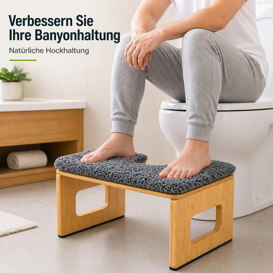 Bambus Toilettenhocker mit Kissen 20 cm hoch – ergonomischer Fusshocker WC aus Holz, rutschfest, bel