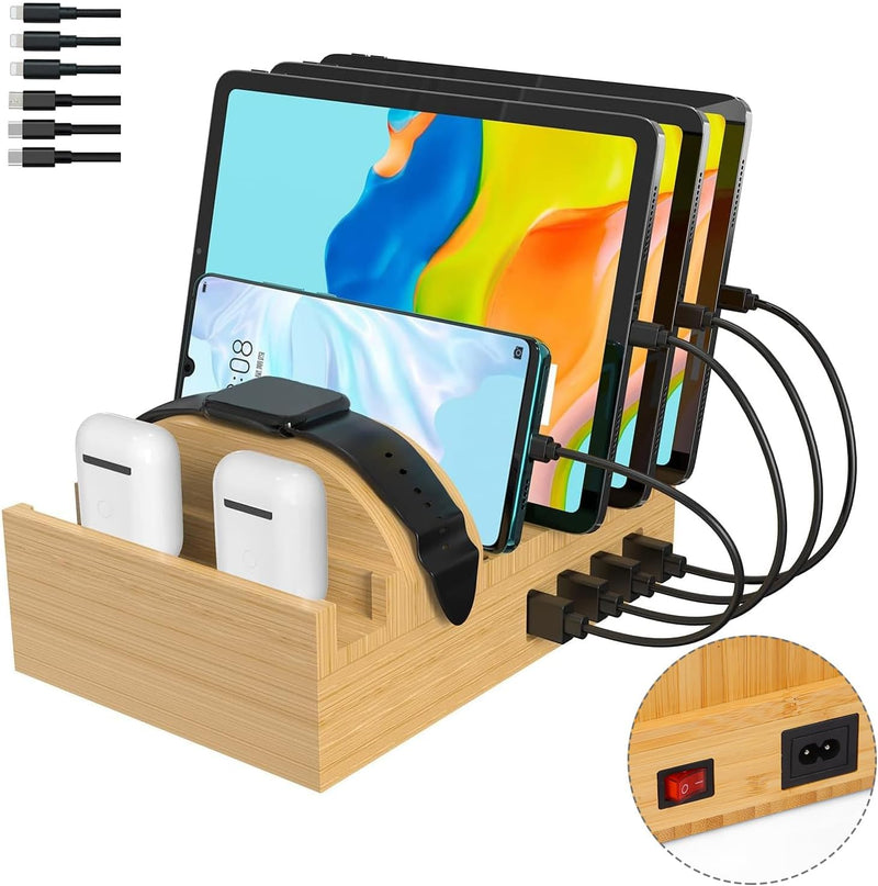 Ladestation für mehrere Geräte, Alltripal Bambus 7-Port Handy Ladestation 50W USB Ladegerät Schnelle