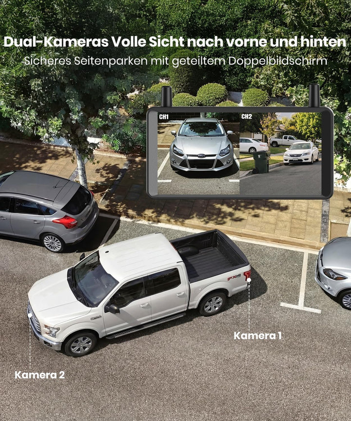 AUTO-VOX Dual Rückfahrkamera Kabellose Solar : 6" 16:9-HD Display, Zwei Antennen Starkes Signal, Spl