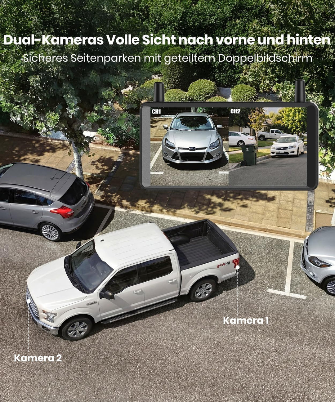 AUTO-VOX Dual Rückfahrkamera Kabellose Solar : 6" 16:9-HD Display, Zwei Antennen Starkes Signal, Spl