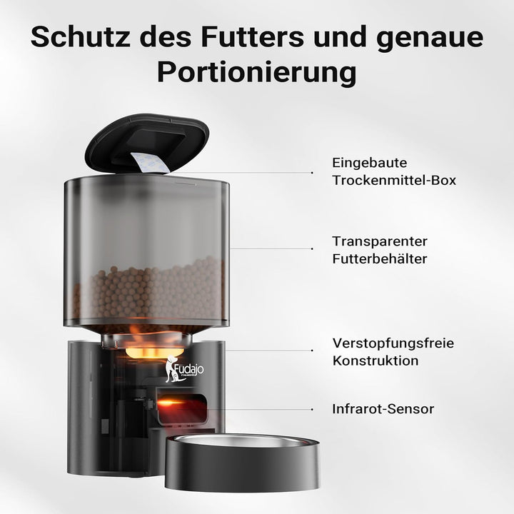 Fudajo Futter- und Trinkautomat für Katzen & Hunde in Schwarz, 3 L Futterspender und 2,5 L Trinkbrun