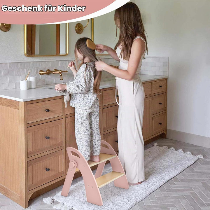 Tritthocker Kinder 2 Stufen aus Holz, 130kg Tragfähigkeit mit Antirutschmatte und Griffen, Faltbarer