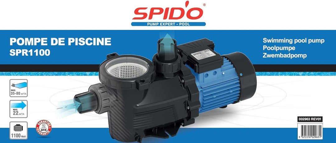 Spid'O Poolpumpe SPR1100 1,5 PS 22 m³/h für Pool bis 80