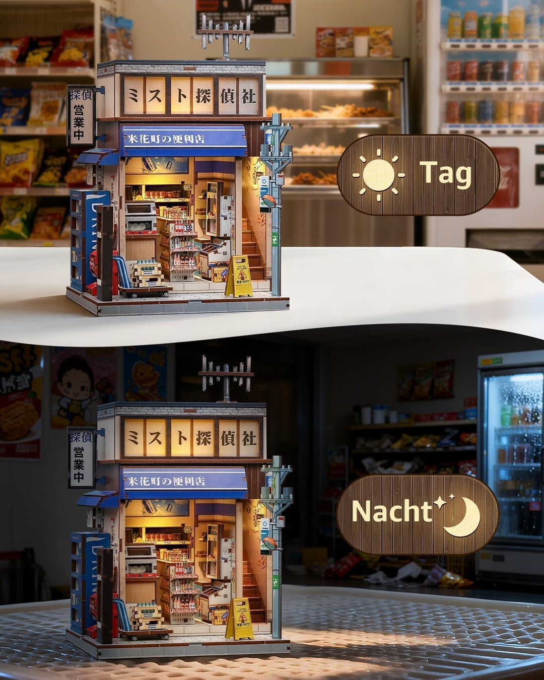 Japanisches Zwei-Szenen-3D-Puzzle Book Nook Kit - Puppenhaus mit versteckter Treppe, Konbini-Atmosph