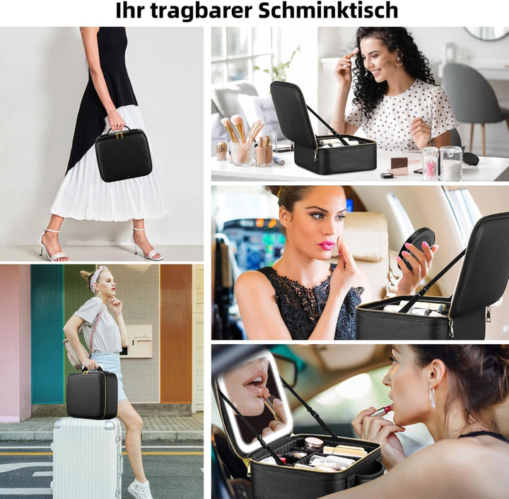Reisekosmetiktasche mit beleuchtetem Spiegel, unterteilbare Kosmetiktasche Kosmetiktasche mit 3 Farb