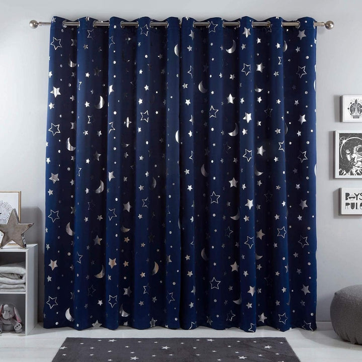 Freyamy Vorhang Blickdicht Dunkelblau Mond Sternenvorhänge 2 Stück,130x100cm (HxB) Niedliche Vorhäng