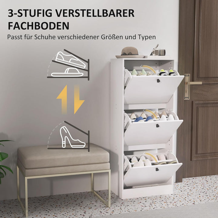 HOMCOM Schuhschrank mit 3 Klappen, Schuhregal mit Verstellbar Trennwand, Schuhkommode Schmal Schuhki