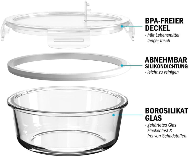 Meal Prep Runde Container aus Glas mit Transparentem Dampfventildeckel – Luftdicht Verschliessbare F