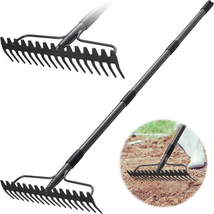 Garten Rechen, Metallharke mit 17 Zinken, Hochleistungs-Gartenharke 4 FT mit Edelstahlgriff, grau, 4