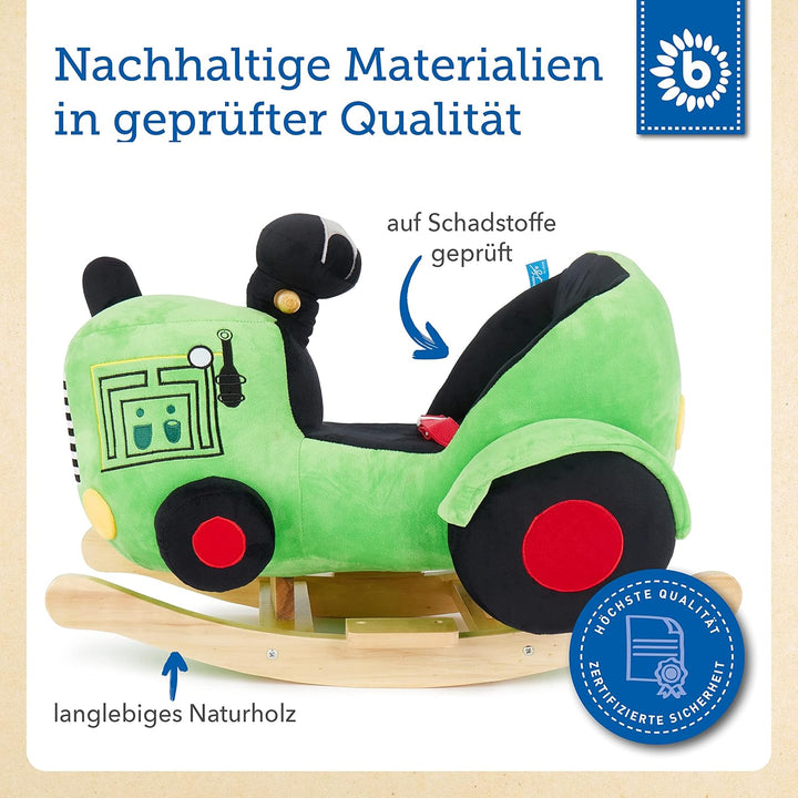 Bieco Plüsch Schaukeltier Traktor 60 cm | Kinder Schaukelstuhl mit Sicherheitsgurt | Baby Schaukel |