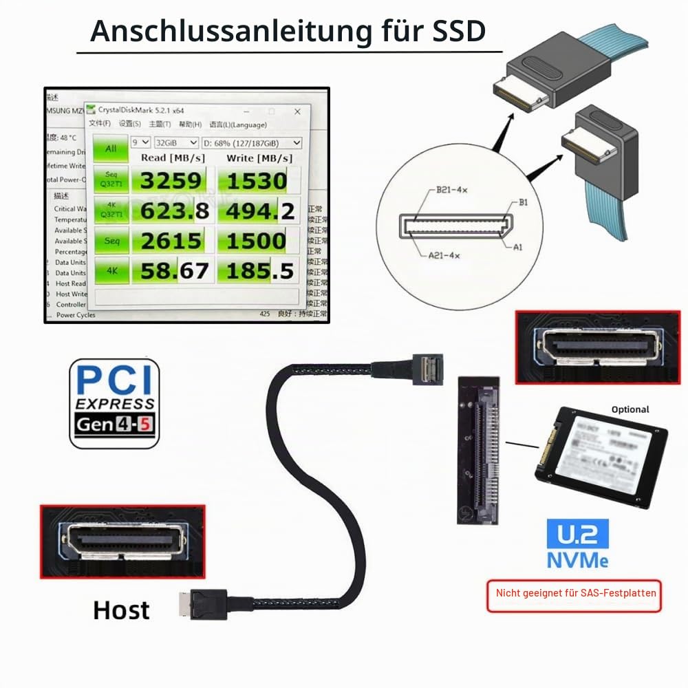 CY-Kabel, 90 Grad nach unten abgewinkelt, OcuLink PCIe 4.0 PCI-Express SFF-8611 4i auf SFF-8611, akt