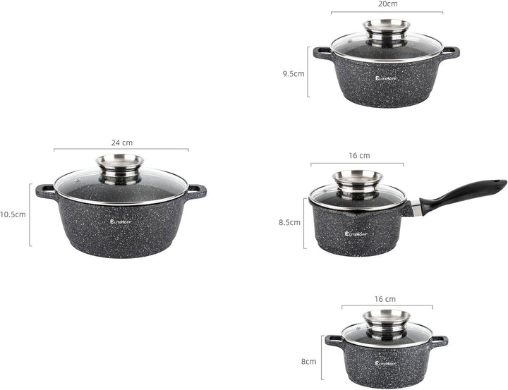 EliteHoff Induktion Topfset mit Stieltopf, 9-tlg Kochgeschirr-Set 16/16/20/24 cm, Kochtopf mit Decke