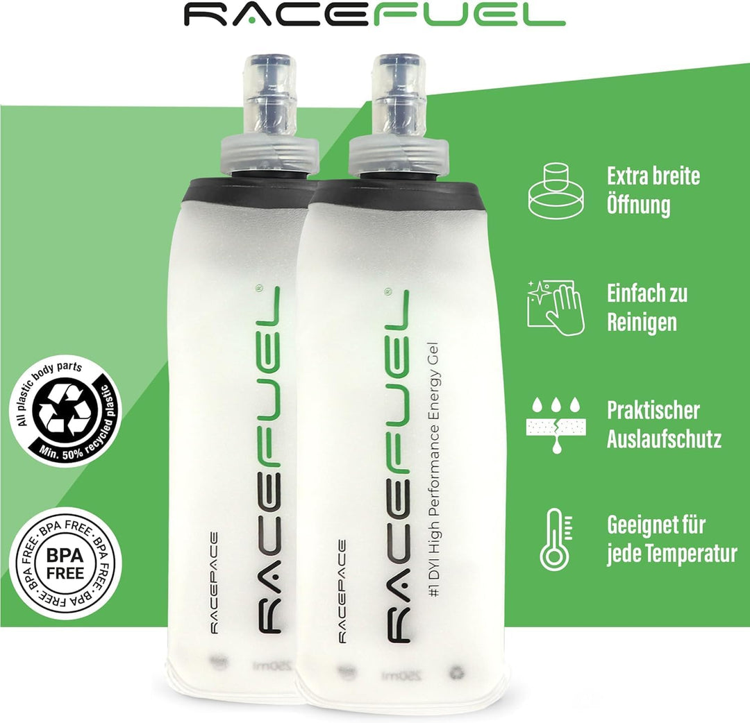 RACEFUEL Soft Flask 150ml – Faltbare Trinkflasche inkl. Energy Gel Rezept (QR-Code) – BPA-frei &amp; lei