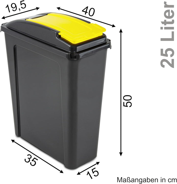 2x 25 Liter Mülltonne Schwarz-Gelb-Grün, Mülleimer Küche 2 Fächer, Mülltrennsystem, Abfalleimer Küch