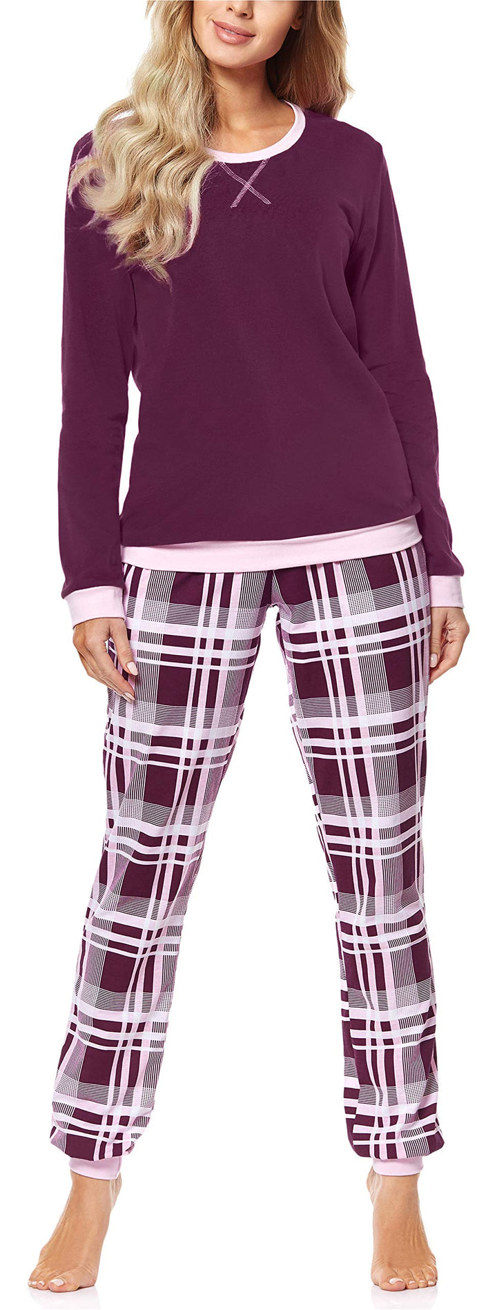 Merry Style Damen Schlafanzug aus Baumwolle Pyjama Nachtwäsche Set MS10-168 S Wein Kariert, S Wein K