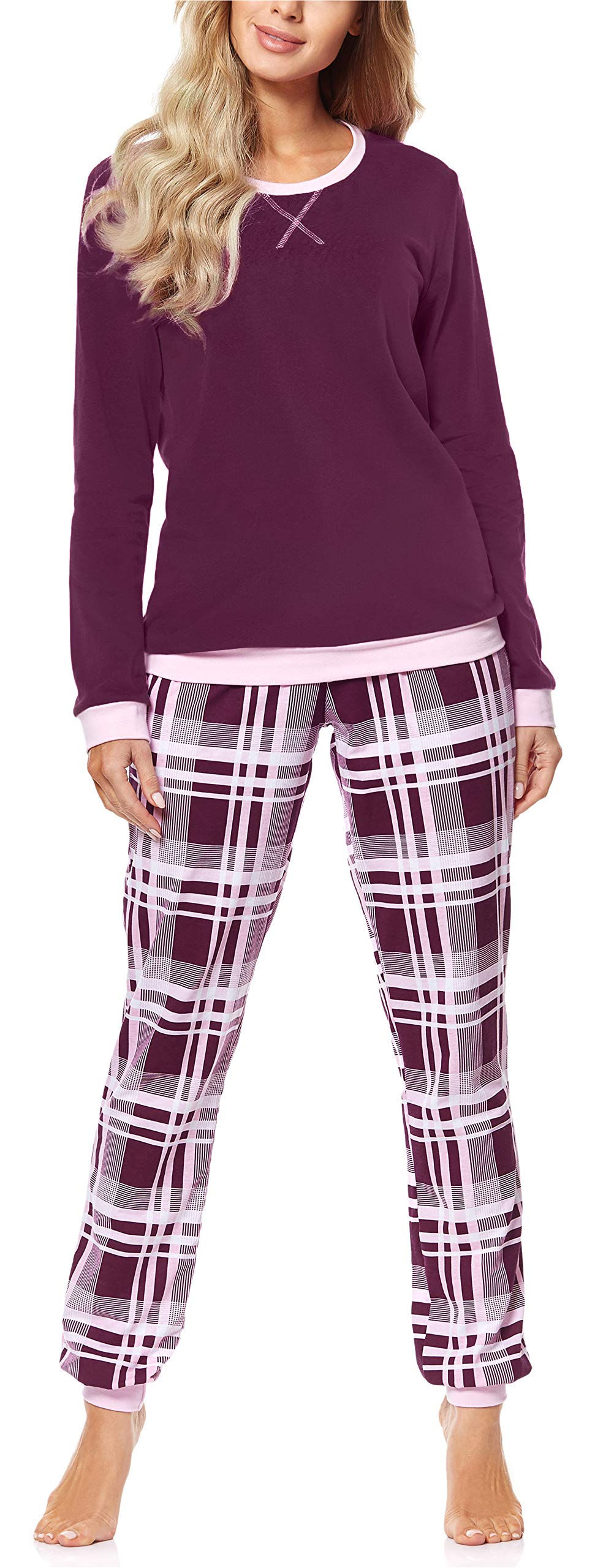 Merry Style Damen Schlafanzug aus Baumwolle Pyjama Nachtwäsche Set MS10-168 S Wein Kariert, S Wein K