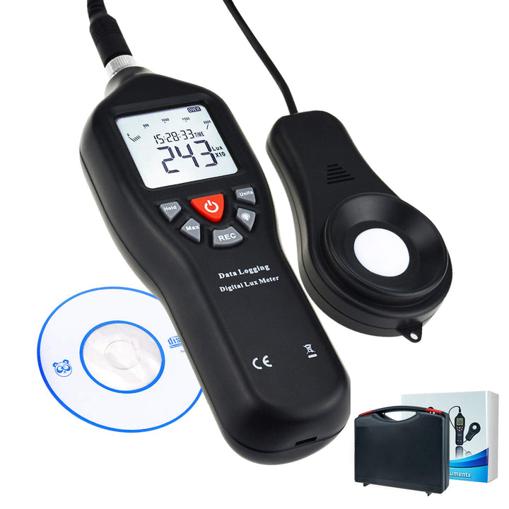 Digitaler Licht Lux Meter mit Datenprotokollierung. Messbereich 0 bis 200.000 Lux mit Abnehmbaren Se