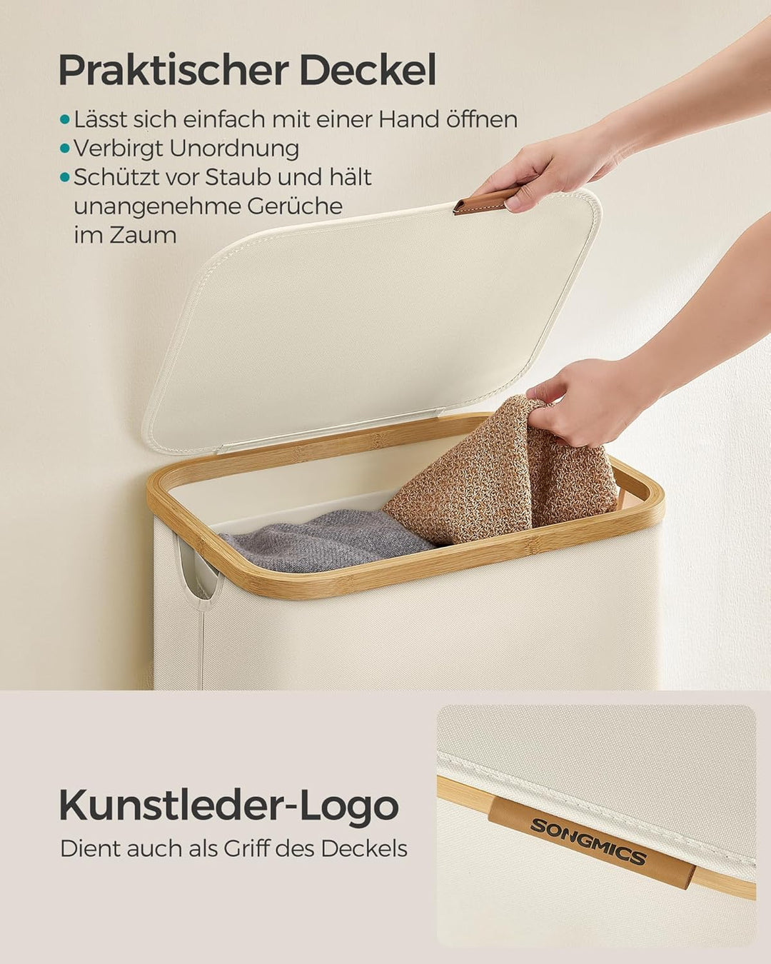 SONGMICS Wäschekorb mit Deckel, Wäschesammler 90 L, herausnehmbarer Wäschesack, Oxford-Gewebe, Griff