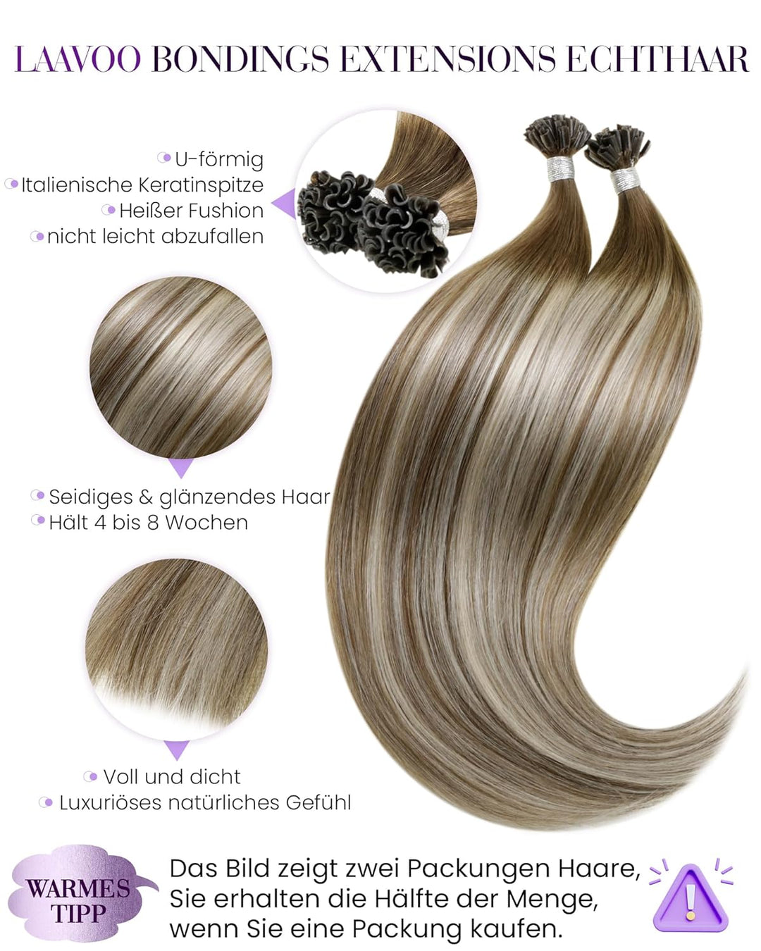 LaaVoo Bonding Extension Echthaar U Tip Hair Extensions 50cm für U Tip Haare Keratin Hellbraun mit P
