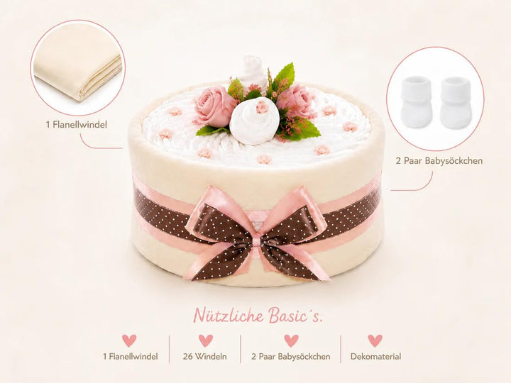 dubistda© Windeltorte CAKEBOX für Mädchen rosa | Geschenk für Mädchen zur Geburt Babyparty Babyshowe