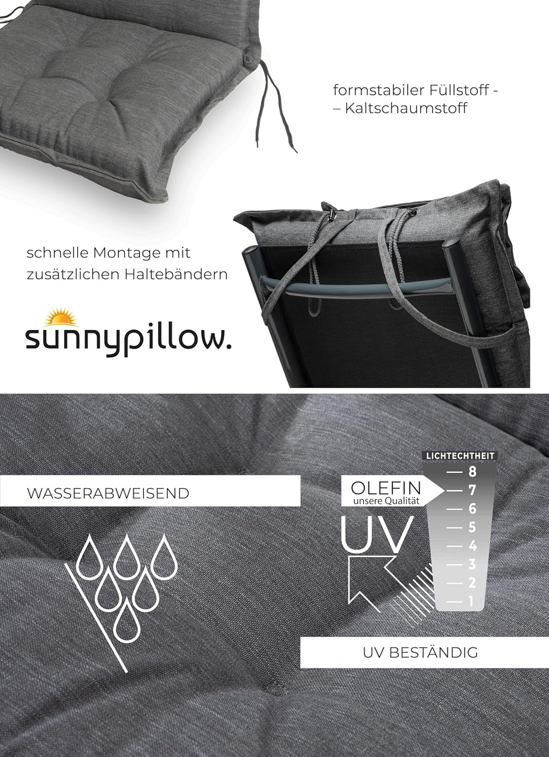 sunnypillow 2 Stück Gartenstuhlauflagen mit abnehmbarem Kopfpolster - 120 x 50 x 9cm - Stuhlauflagen