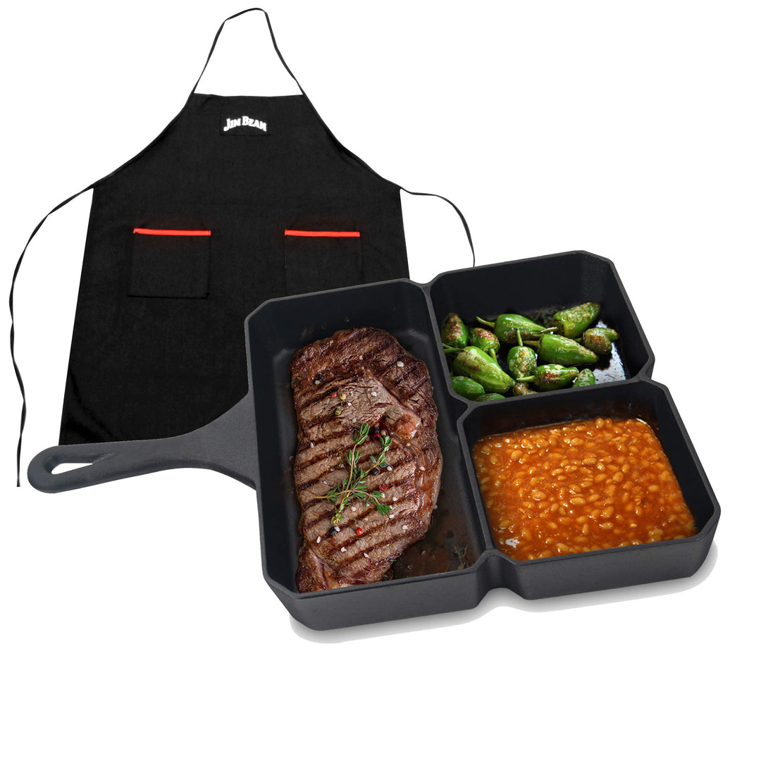 Jim Beam Gusseisenpfanne 3-in-1 - viereckige Pfanne mit drei Kammern für Fleisch, Gemüse, Saucen - S