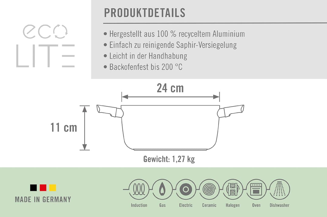 Woll Eco Lite Topf - Induktiv -, Ø 24 cm, 11 cm hoch, 5 Liter, mit 2 Seitengriffen - Geeignet für al