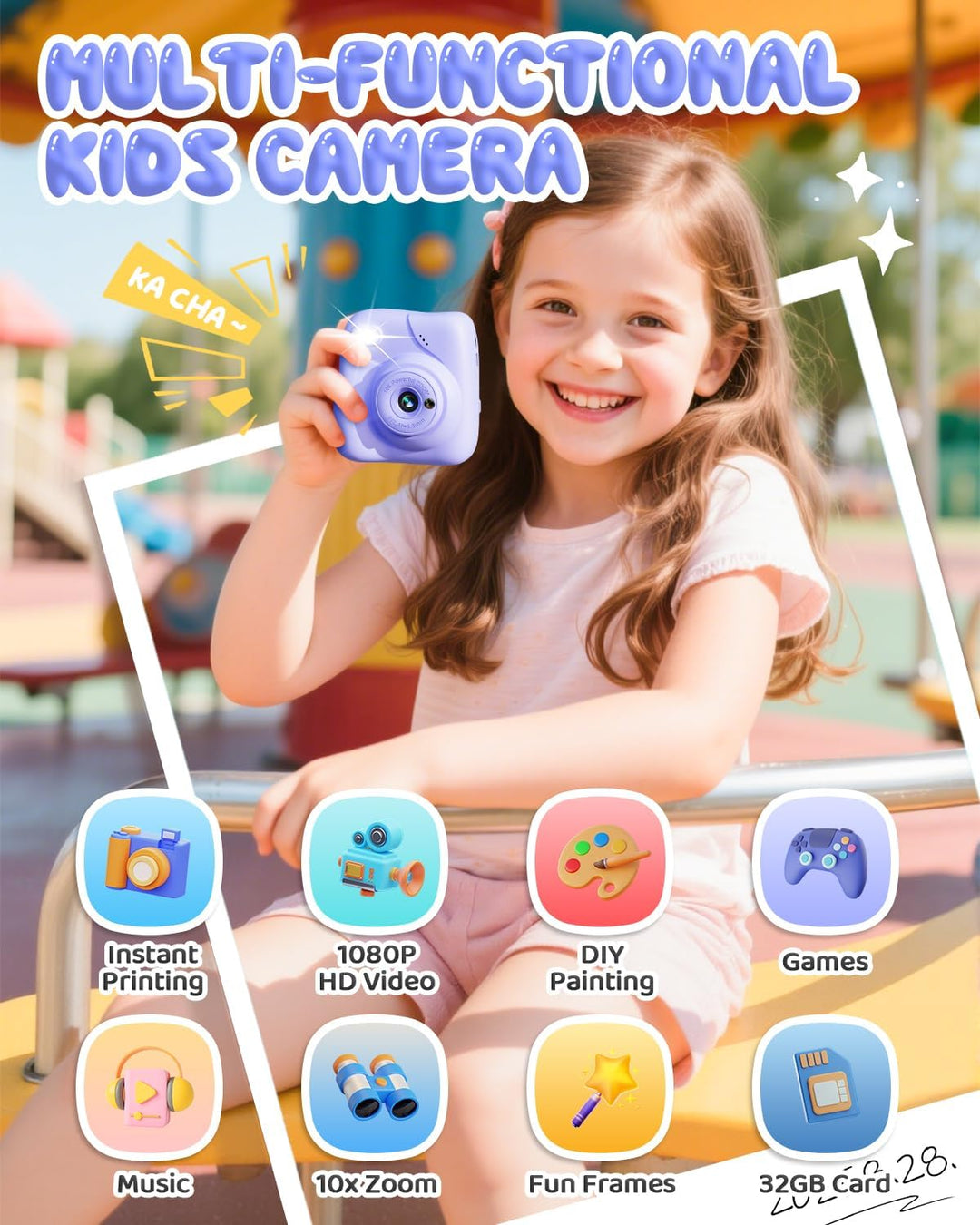 CAMCLID Kinderkamera Sofortbildkamera, 1080P Sofortbildkamera Kinder mit 32GB Karte & 3 Rollen Druck