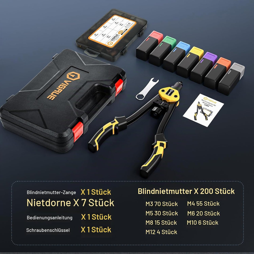 VIGRUE Profi Nietmutternzange Set, Gewindenieten Nietzange Set inkl,200 Gewinde Nietmuttern Set,7 Au