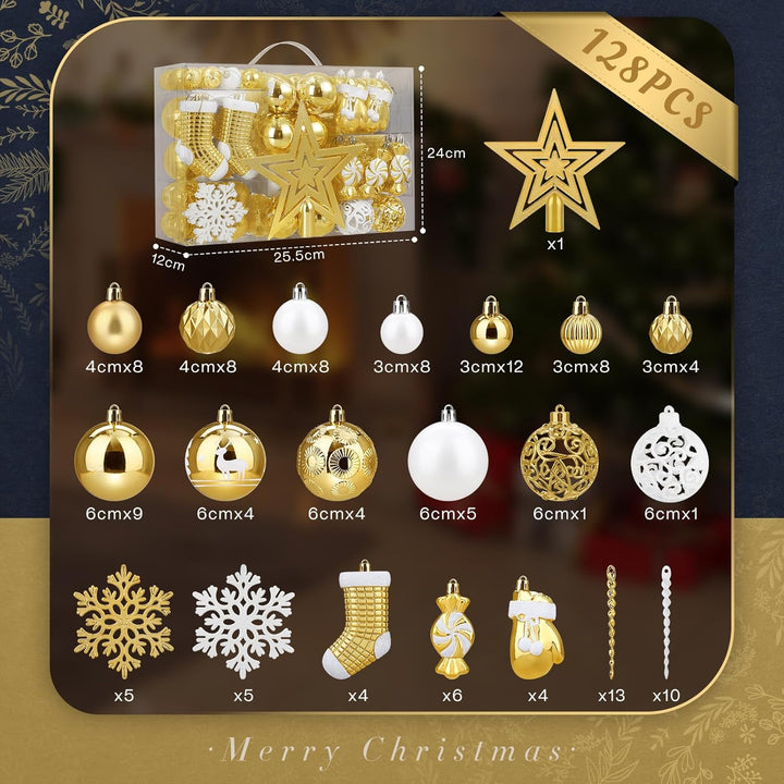 SOLEDI® 128er Set Premium Weihnachtskugeln Kunststoff Gold Weiss mit Baumspitze Stern - Robuste und