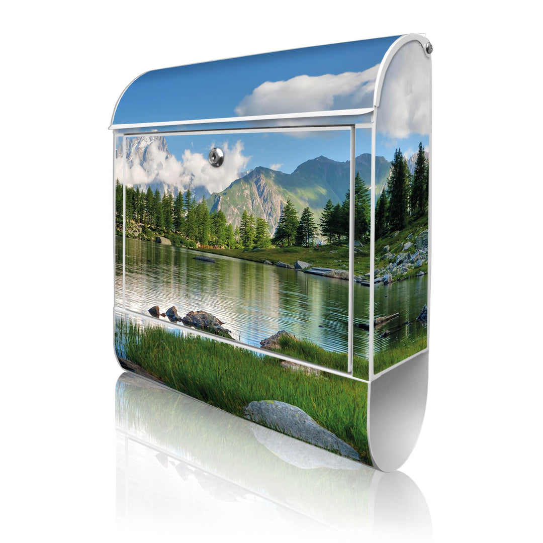 banjado® Design Briefkasten mit Motiv Gebirgssee 39x47x14cm &amp; 2 Schlüssel - Briefkasten Stahl weiss