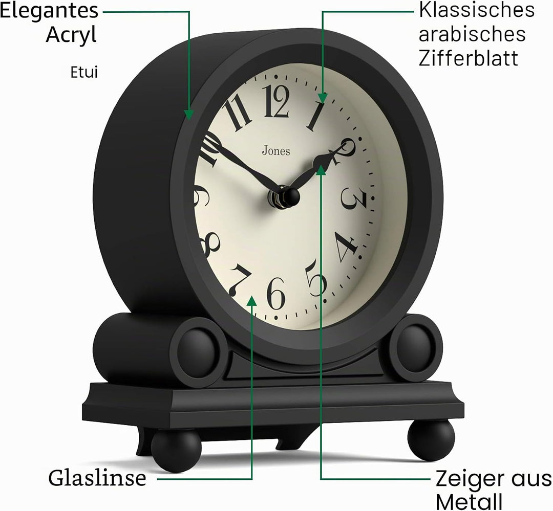 JONES CLOCKS® Maida Vale kaminuhr | Kleine traditionelle schreibtischuhr | Schwarz | Hübsch und char