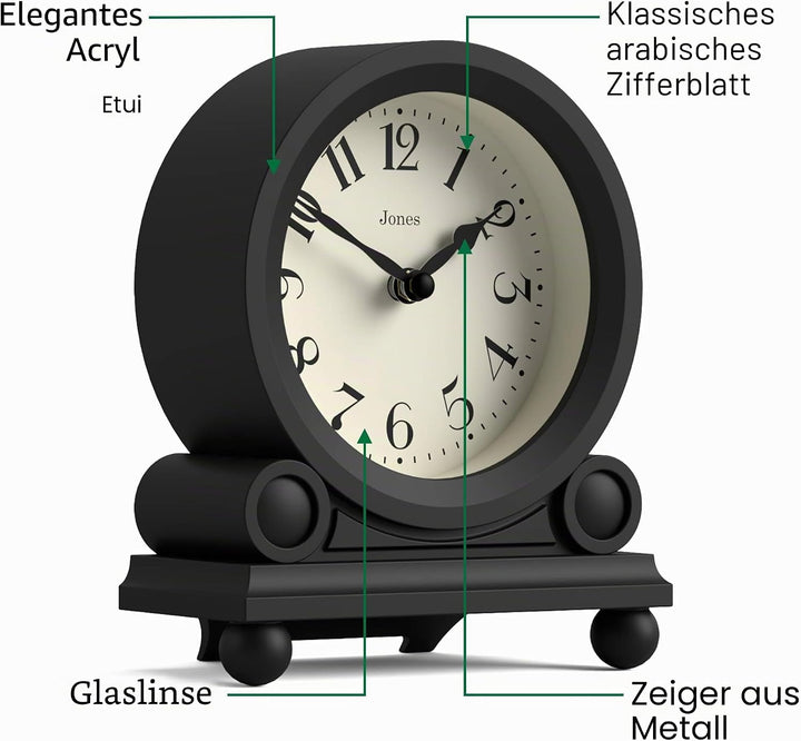 JONES CLOCKS® Maida Vale kaminuhr | Kleine traditionelle schreibtischuhr | Schwarz | Hübsch und char