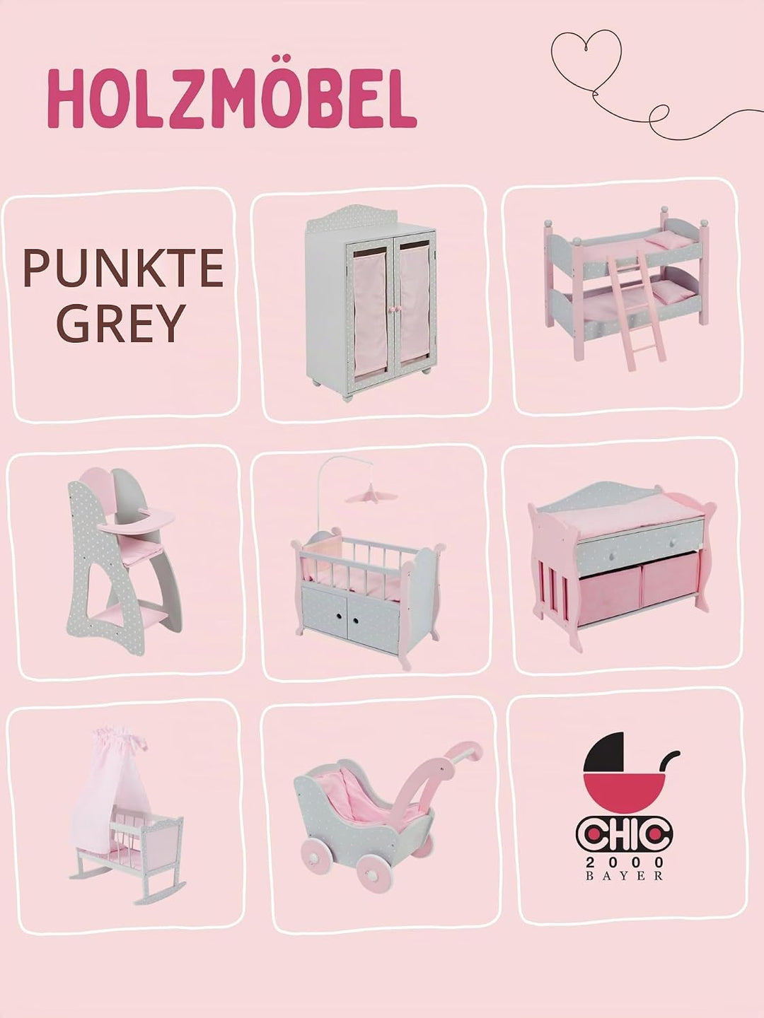 Bayer Chic 2000 - Puppenbett mit Mobile, Puppenmöbel, Puppenzubehör, Puntos grau