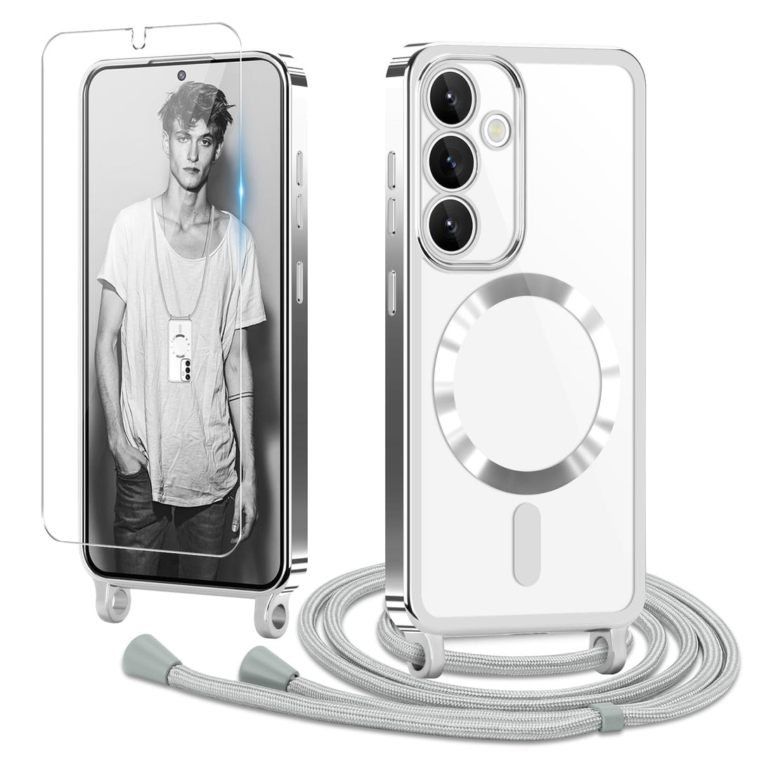 Handyband für Samsung Galaxy S25 Hülle mit Band + 1 Stück Glas Schutzfolie Transparent Silikon Handy