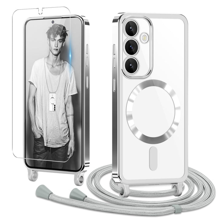 Handyband für Samsung Galaxy S25 Hülle mit Band + 1 Stück Glas Schutzfolie Transparent Silikon Handy