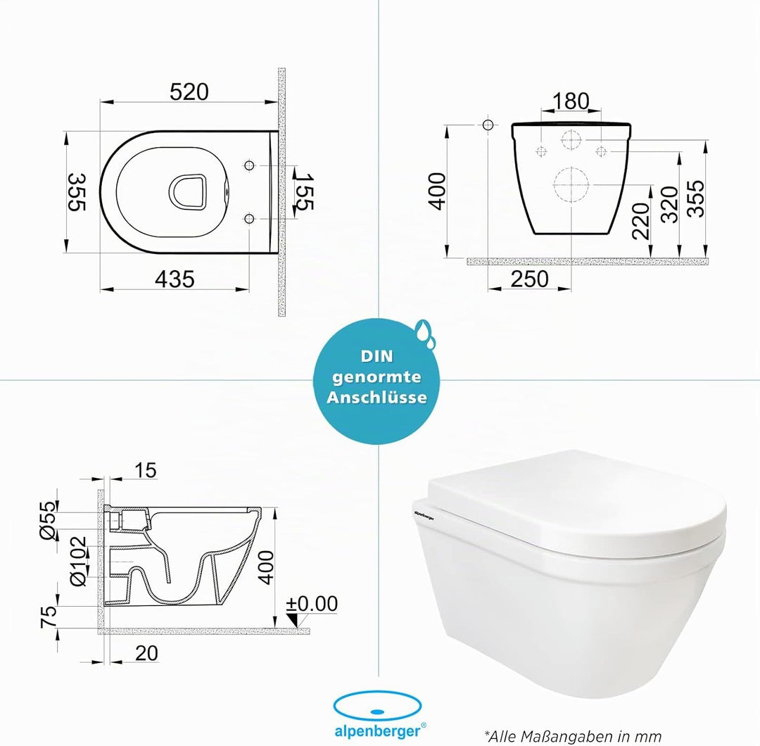 Alpenberger Dusch WC | Toilette mit Intimdusche | Wand WC mit Bidet Funktion | Hänge WC Spülrandlos