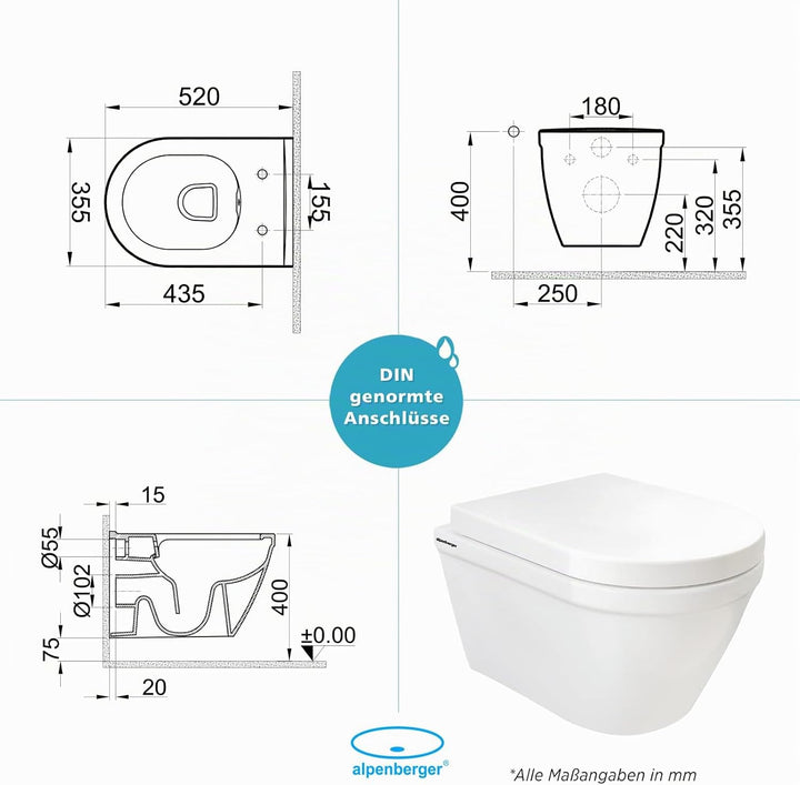 Alpenberger Dusch WC | Toilette mit Intimdusche | Wand WC mit Bidet Funktion | Hänge WC Spülrandlos